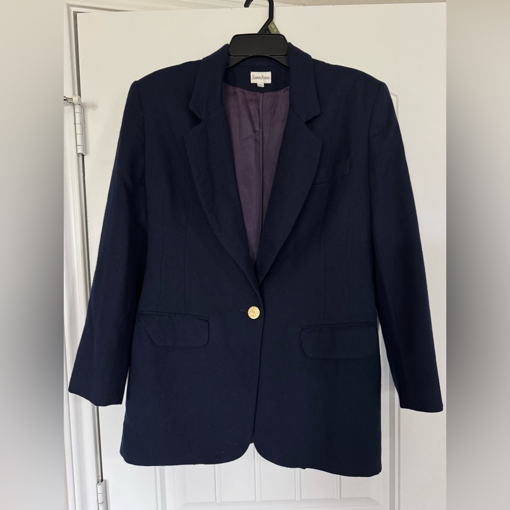 Neiman Marcus Navy Gold Single-Button Women's Blazer 100% Wool Made in USA